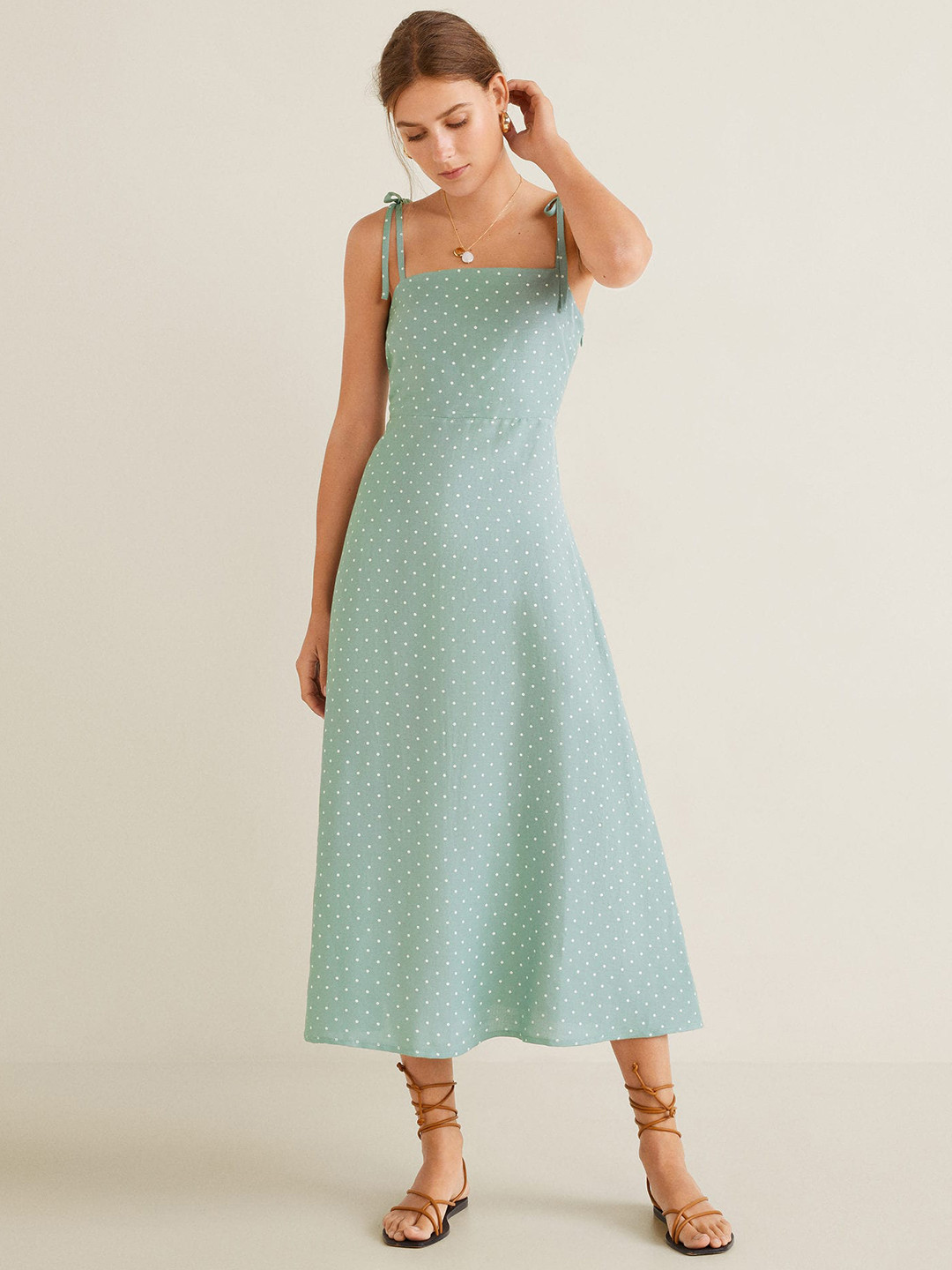 

MANGO Women Mint Green & White Polka Dot Print Fit & Flare Dress