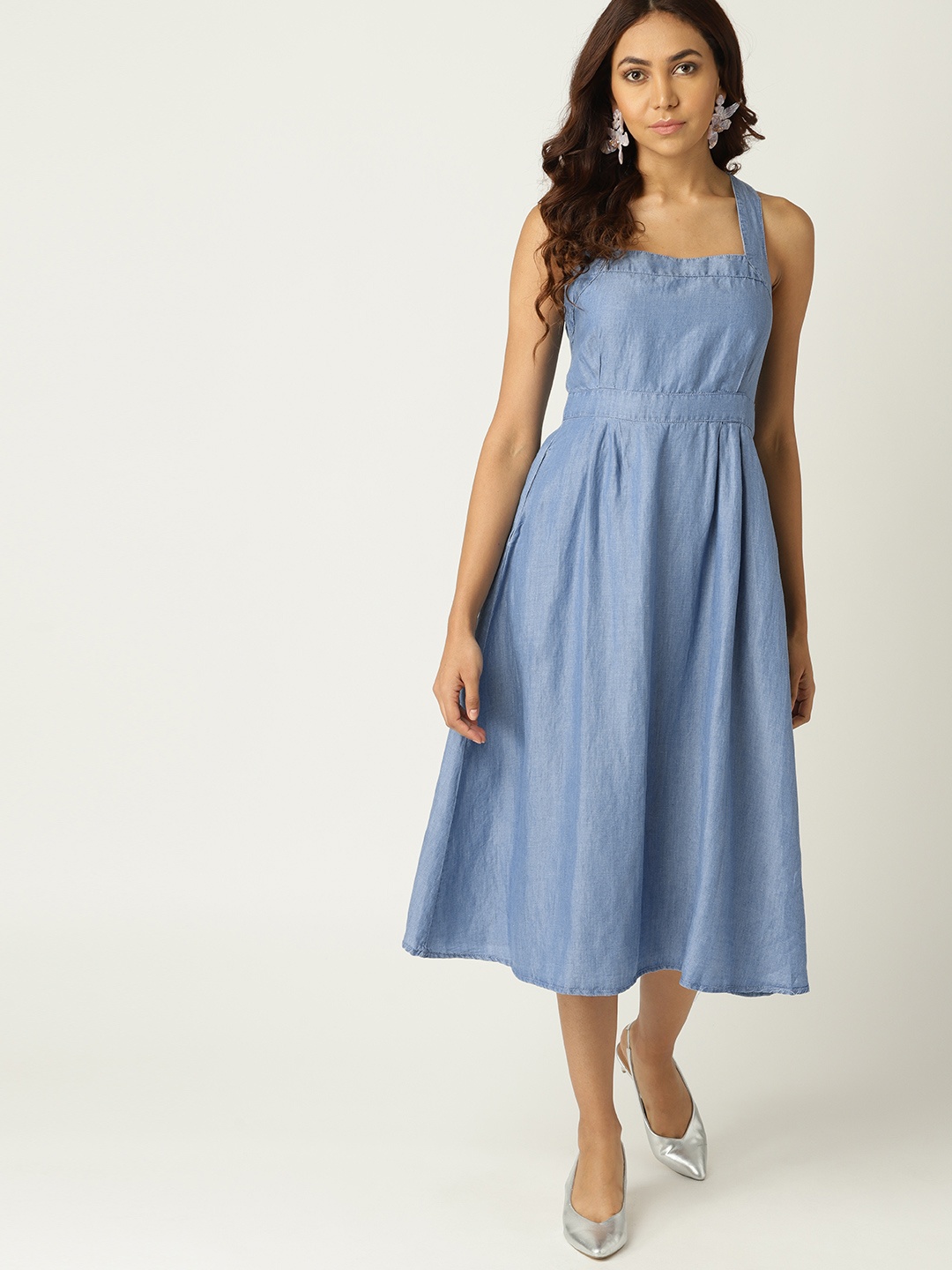 

MANGO Women Blue Chambray Fit & Flare Dress