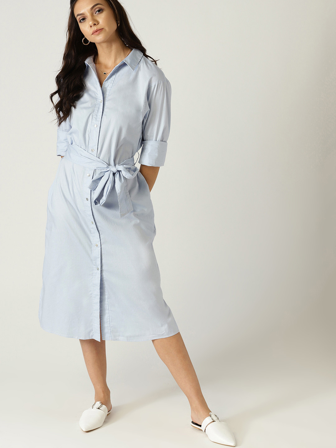

MANGO Women Blue Solid Shirt Dress