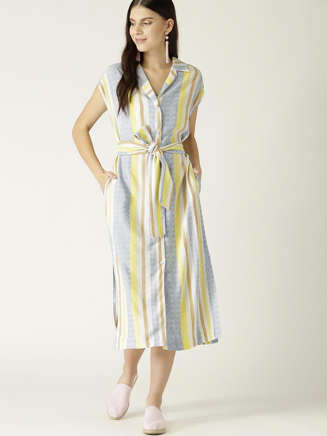 

MANGO Women Blue & Yellow Striped Shirt Dress