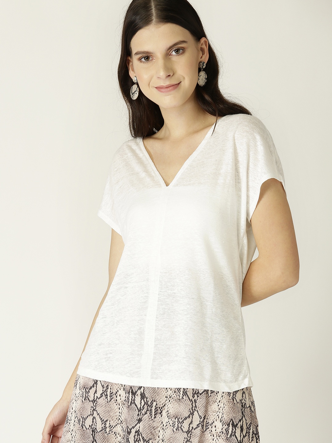 

MANGO Women White Solid Linen Semi-Sheer Top