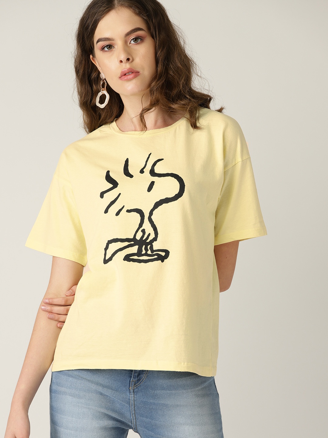 

MANGO Women Yellow & Black Printed Round Neck T-shirt
