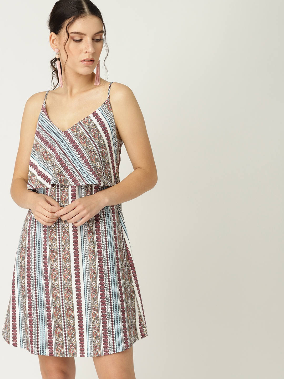 

MANGO Women White & Pink Striped Layered A-Line Dress