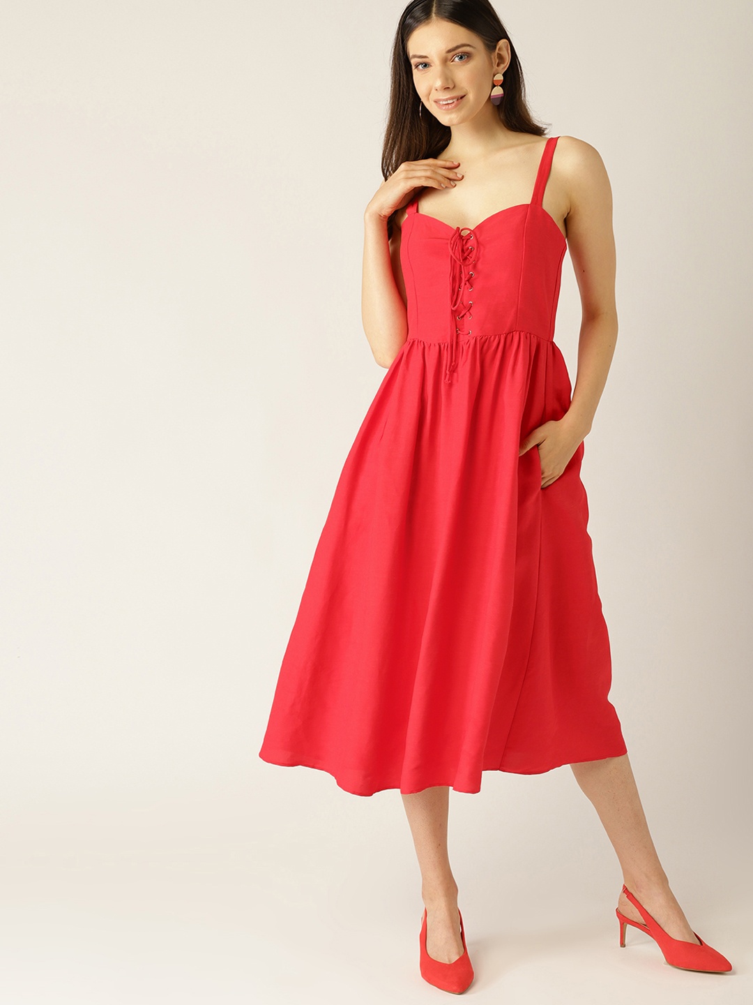 

MANGO Women Coral Red Solid Fit and Flare Dress
