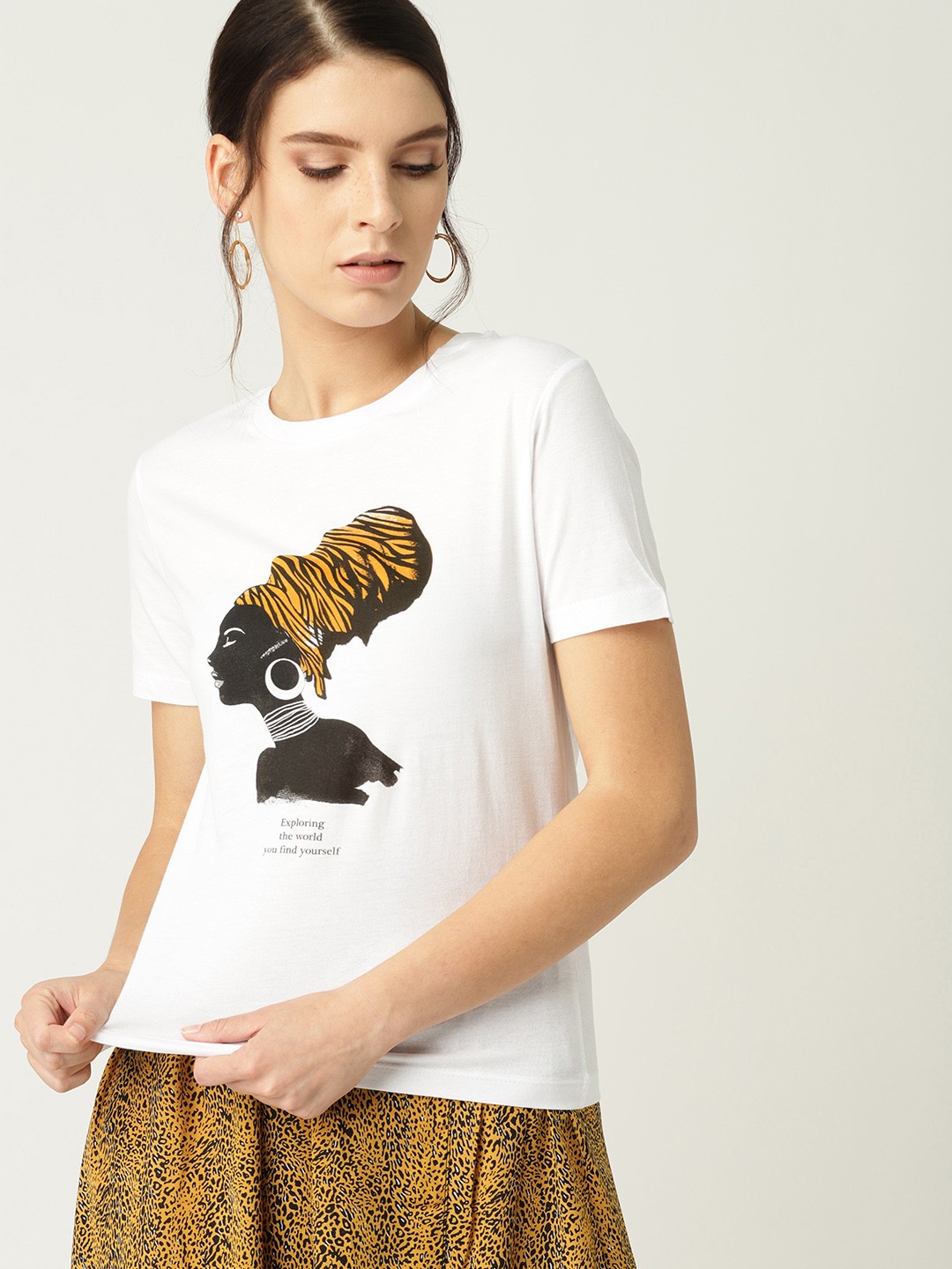 

MANGO Women White Printed Round Neck T-shirt