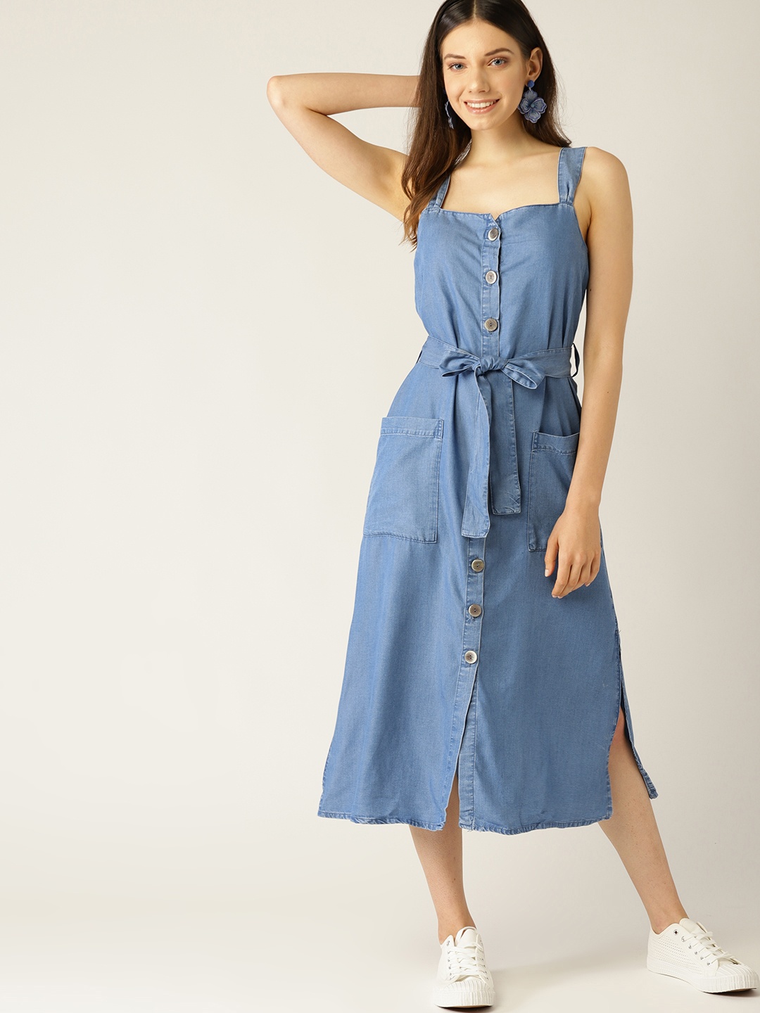 

MANGO Women Blue Solid A-Line Chambray Dress