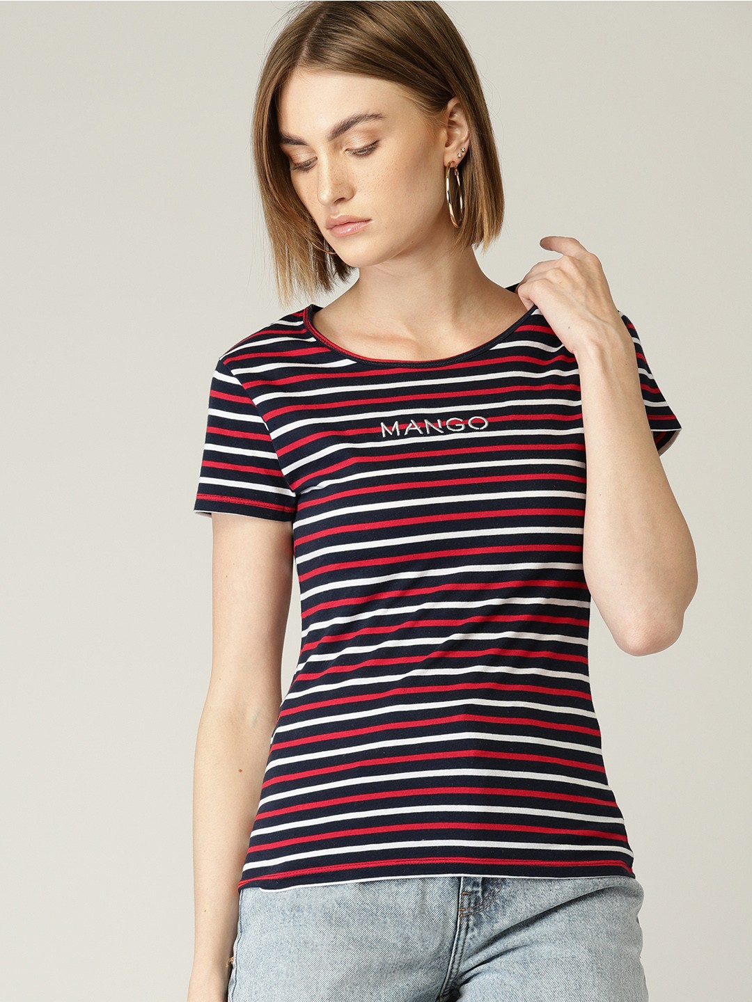 

MANGO Women Red & White Striped Round Neck T-shirt