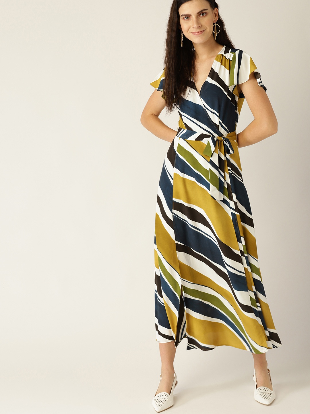 

MANGO Women Mustard Yellow & Navy Blue Striped Wrap Dress