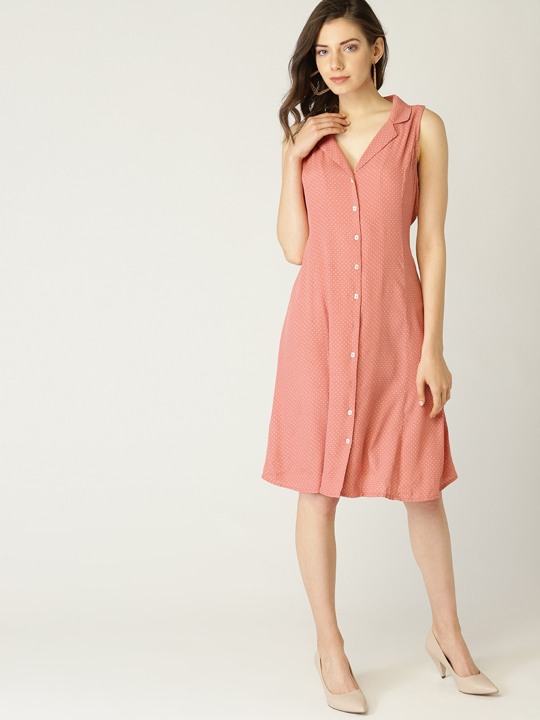 

MANGO Women Peach-Coloured & White Printed Shirt Dress