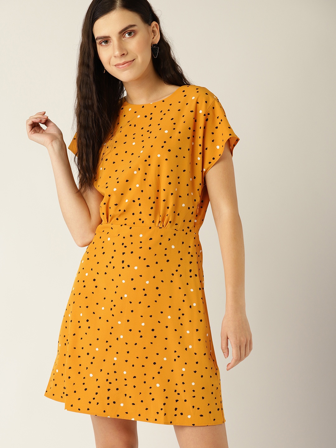 

MANGO Women Mustard Yellow & Black Printed A-Line Dress