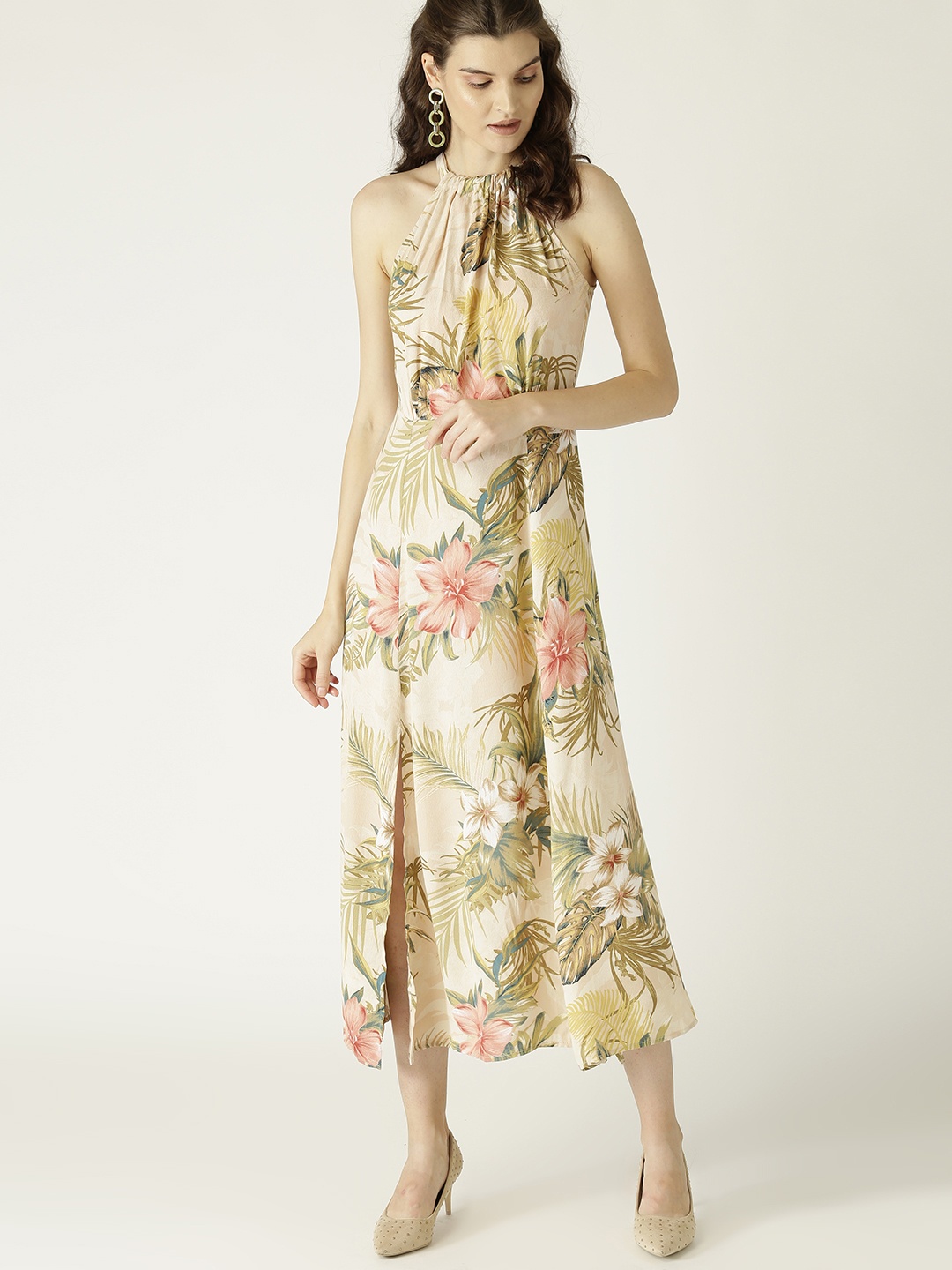 

MANGO Women Beige & Green Printed Maxi Dress