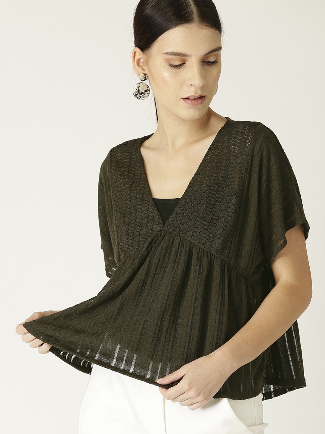 

MANGO Women Olive Green Self Design A-Line Top