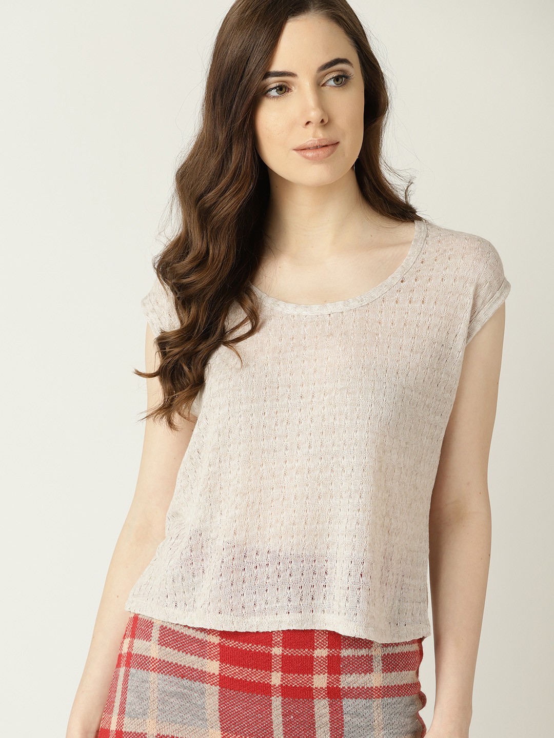 

MANGO Women Beige Self Design Top