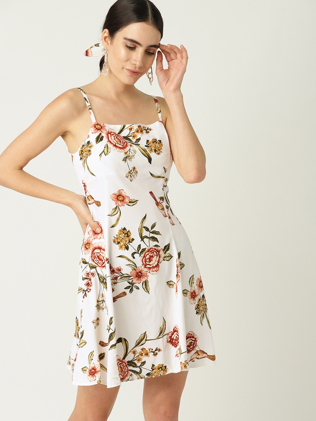 

MANGO Women White & Peach-Coloured Printed A-Line Dress