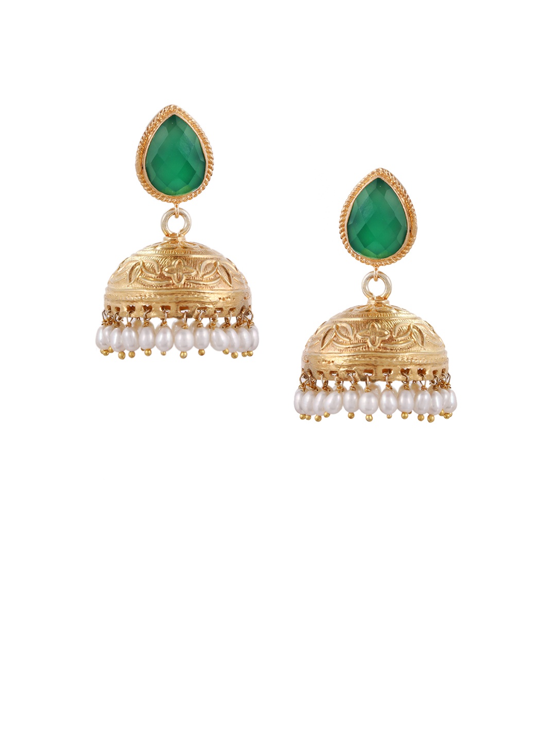 

Silvermerc Designs Green & Gold-Plated Handcrafted Dome Shaped Jhumkas