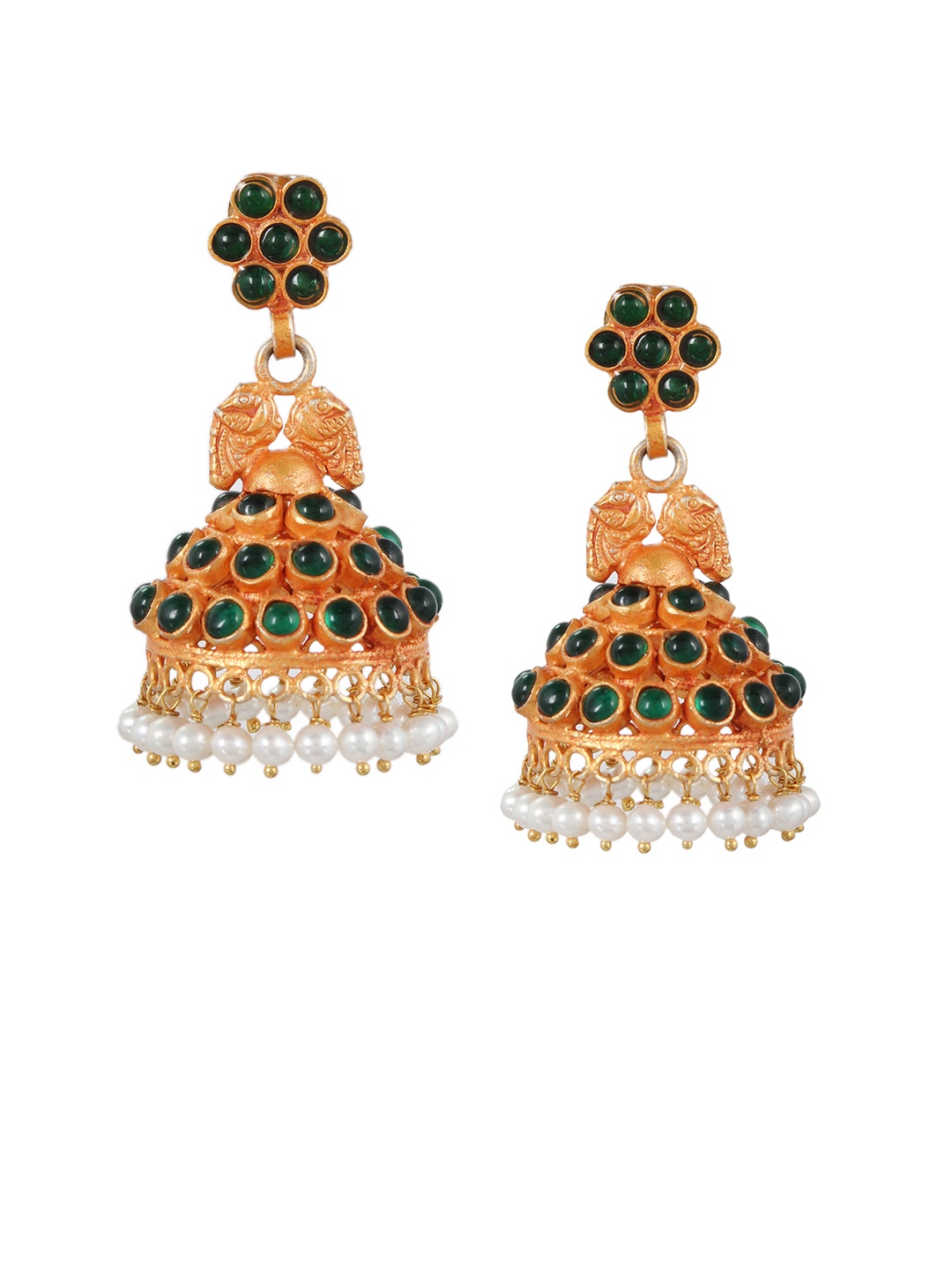 

Silvermerc Designs Green & Gold-Plated Handcrafted Classic Jhumkas, White