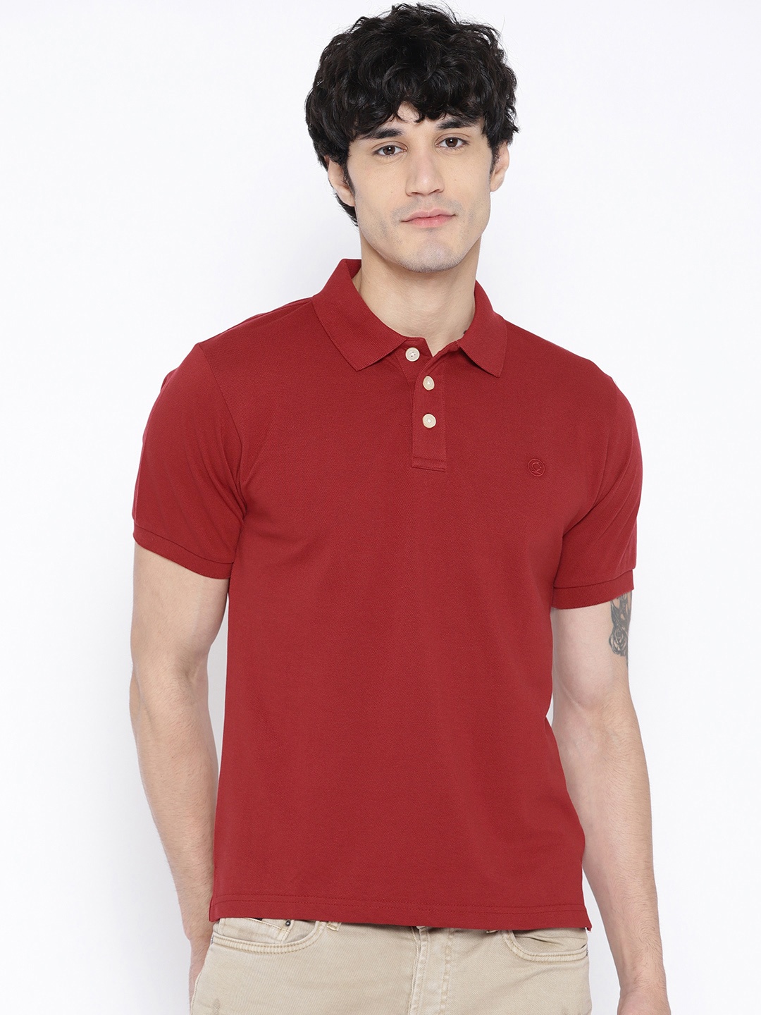 

CHKOKKO Men Maroon Solid Polo Collar T-shirt