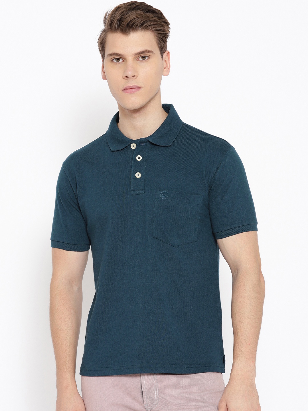 

CHKOKKO Men Teal Blue Solid Polo Collar T-shirt