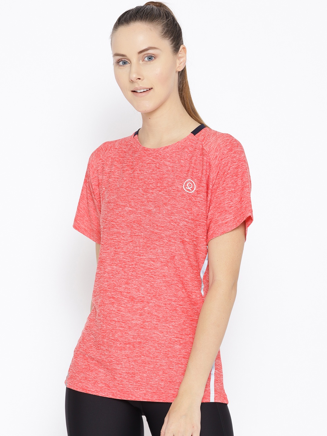 

Chkokko Women Coral Pink Self Design Round Neck Training T-shirt