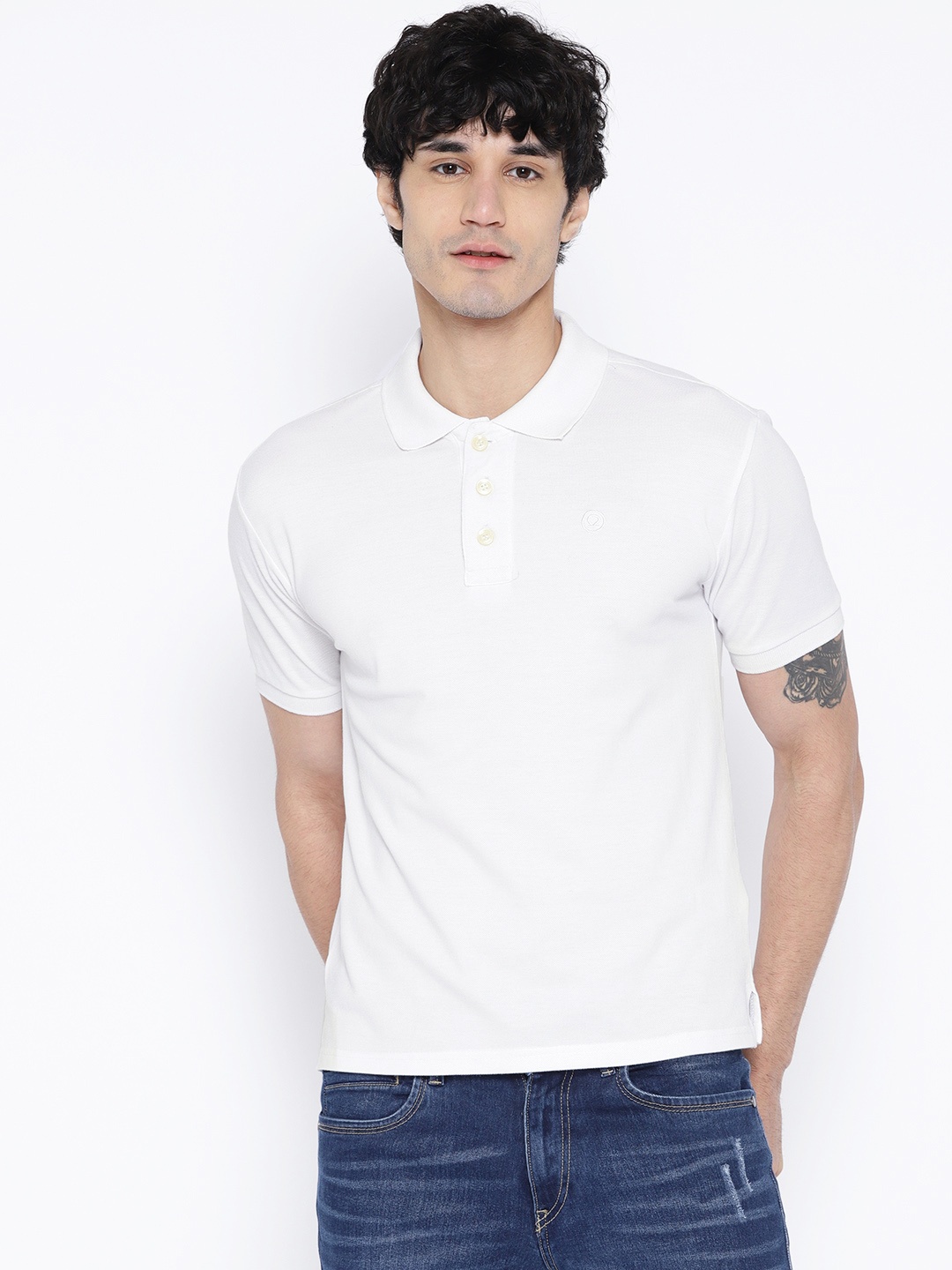 

CHKOKKO Men White Solid Polo Collar T-shirt