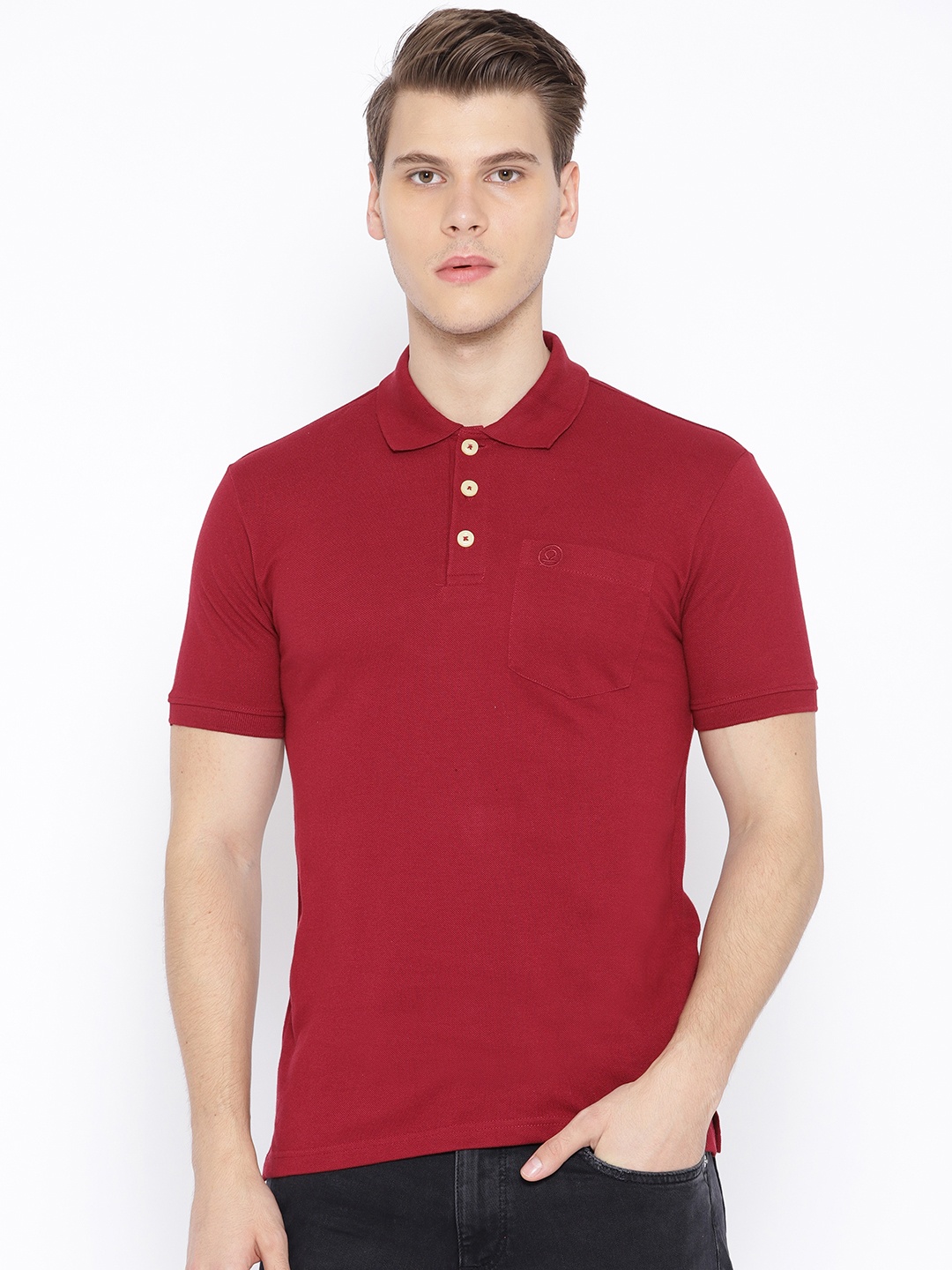 

CHKOKKO Men Maroon Solid Polo Collar T-shirt