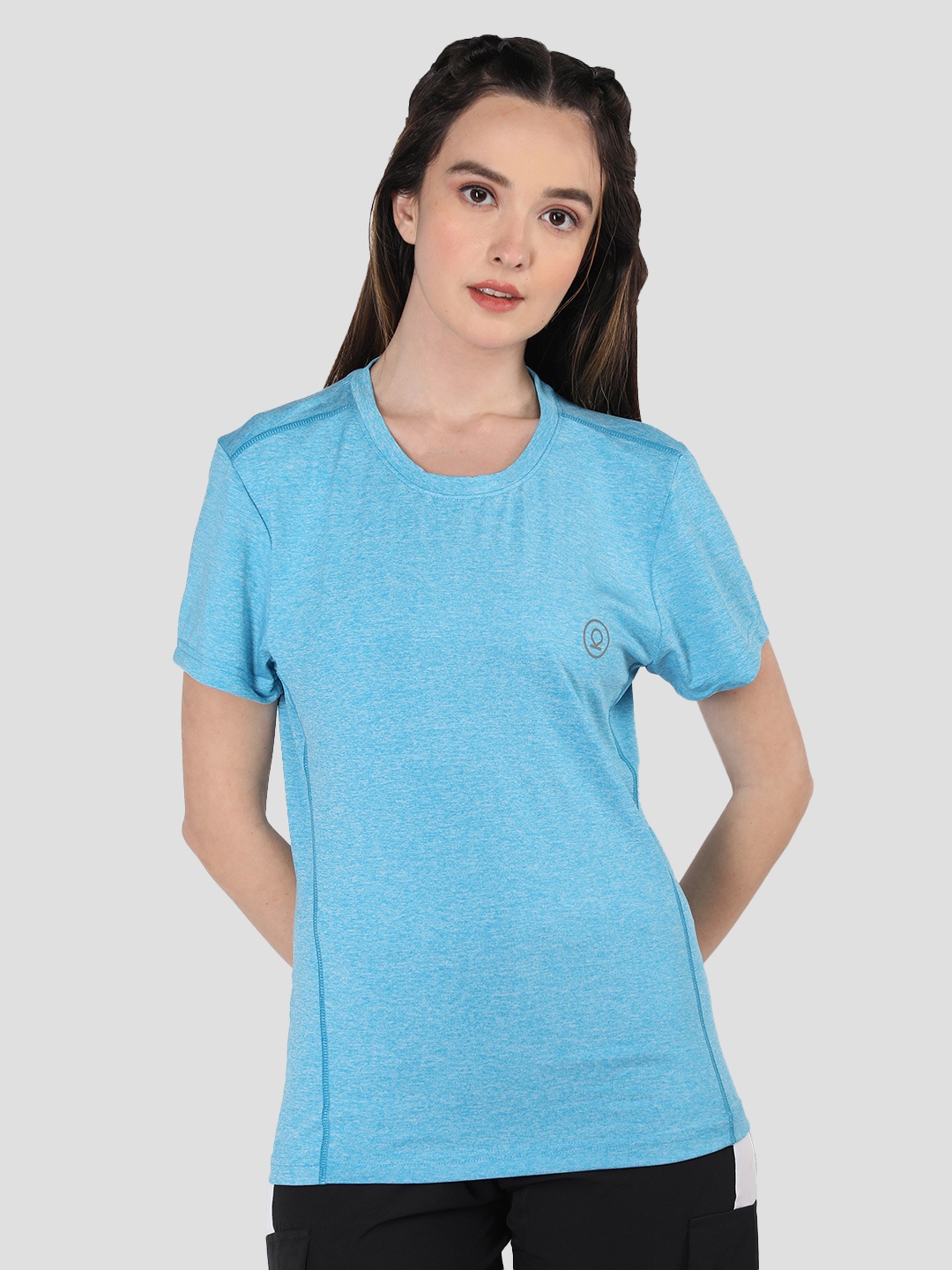 

CHKOKKO Women Blue Solid Round Neck Training T-shirt