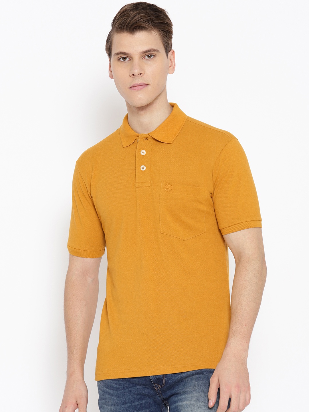 

Chkokko Men Mustard Yellow Solid Polo Collar T-shirt