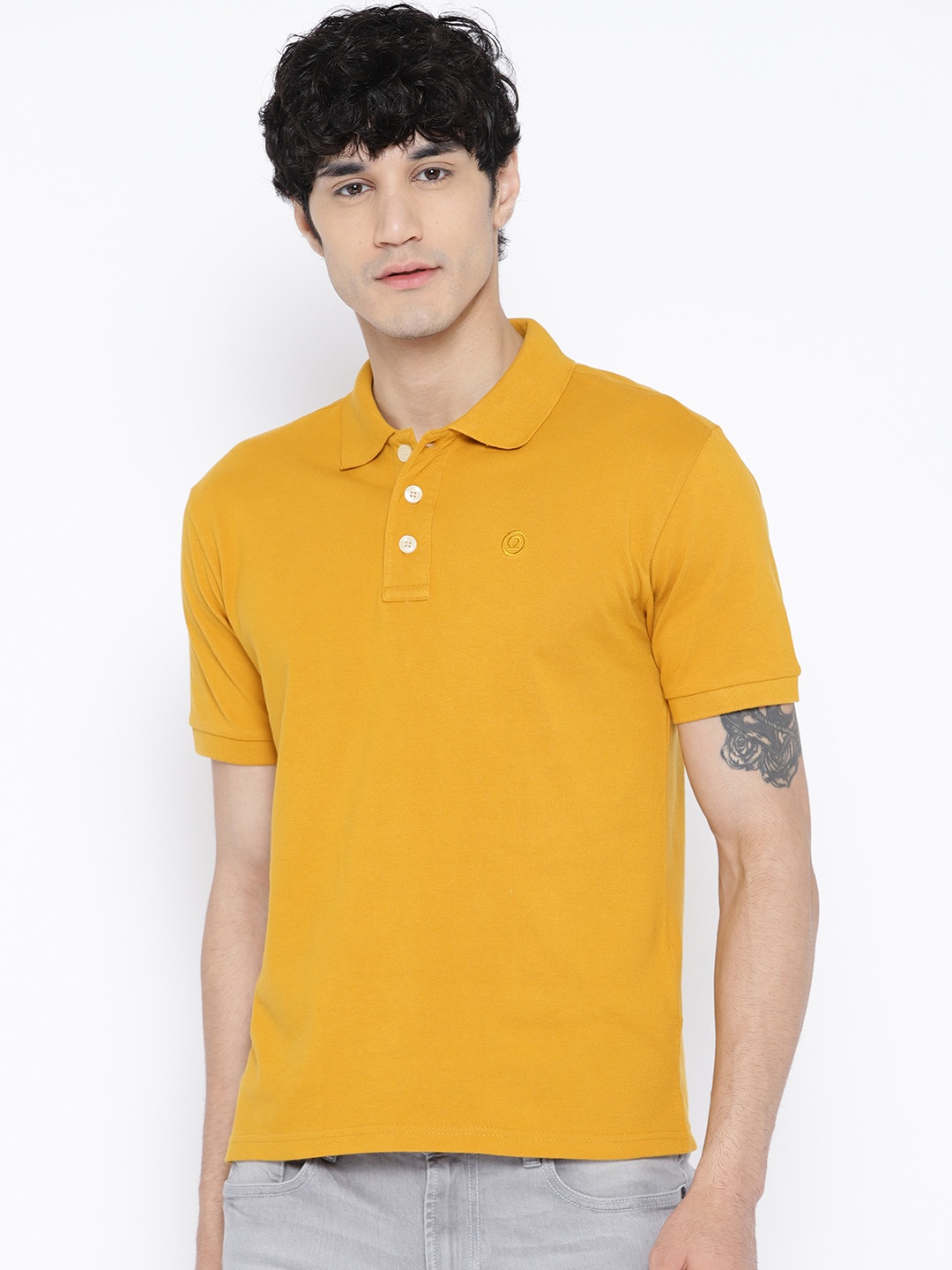 

CHKOKKO Men Mustard Yellow Solid Polo Collar T-shirt