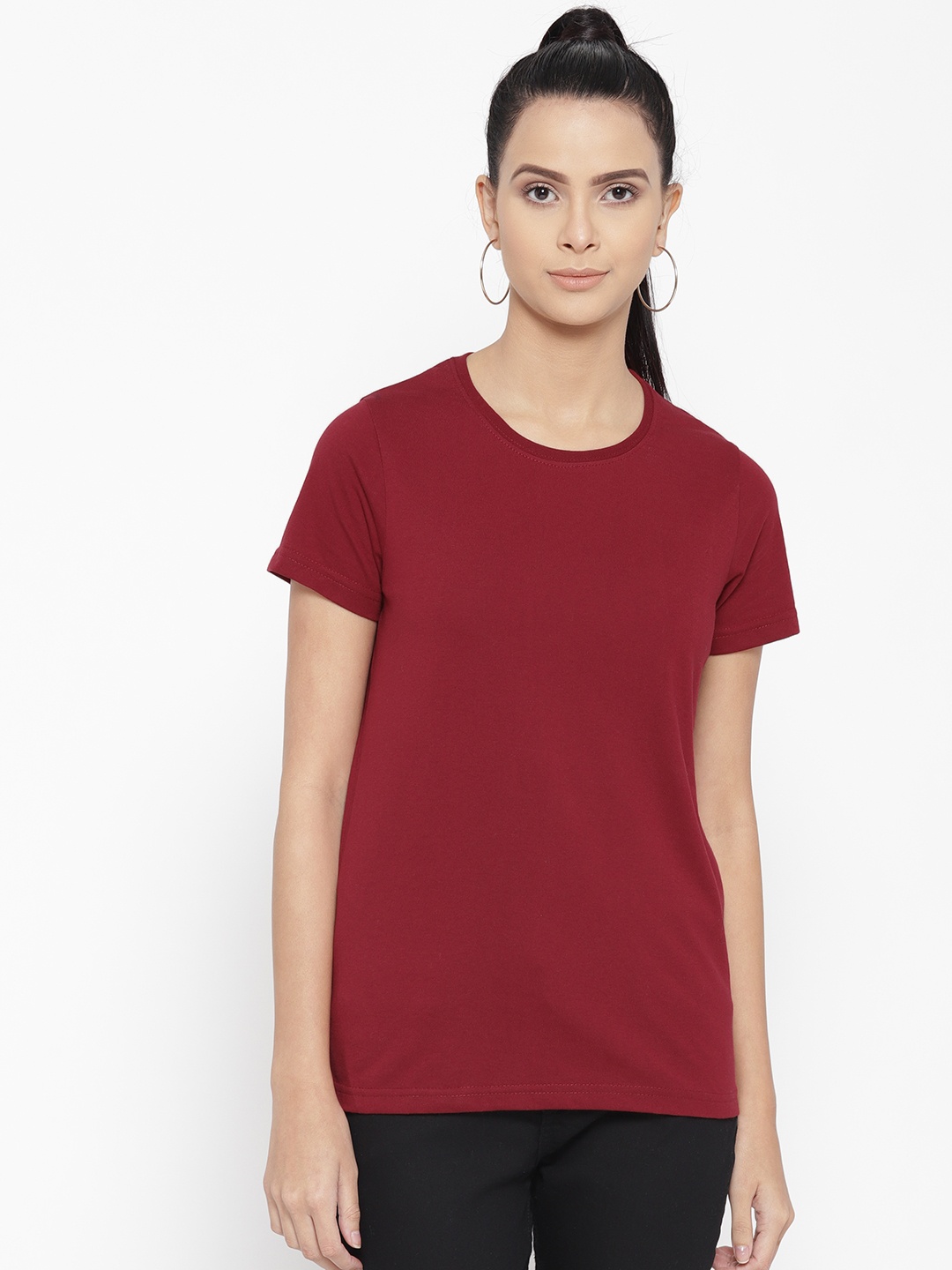 

CHKOKKO Women Maroon Solid Round Neck T-shirt