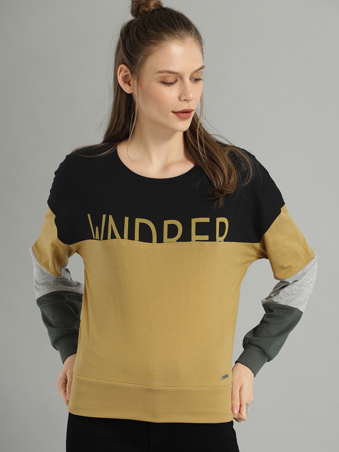 

The Roadster Lifestyle Co Women Black & Yellow Colourblocked Round Neck T-shirt