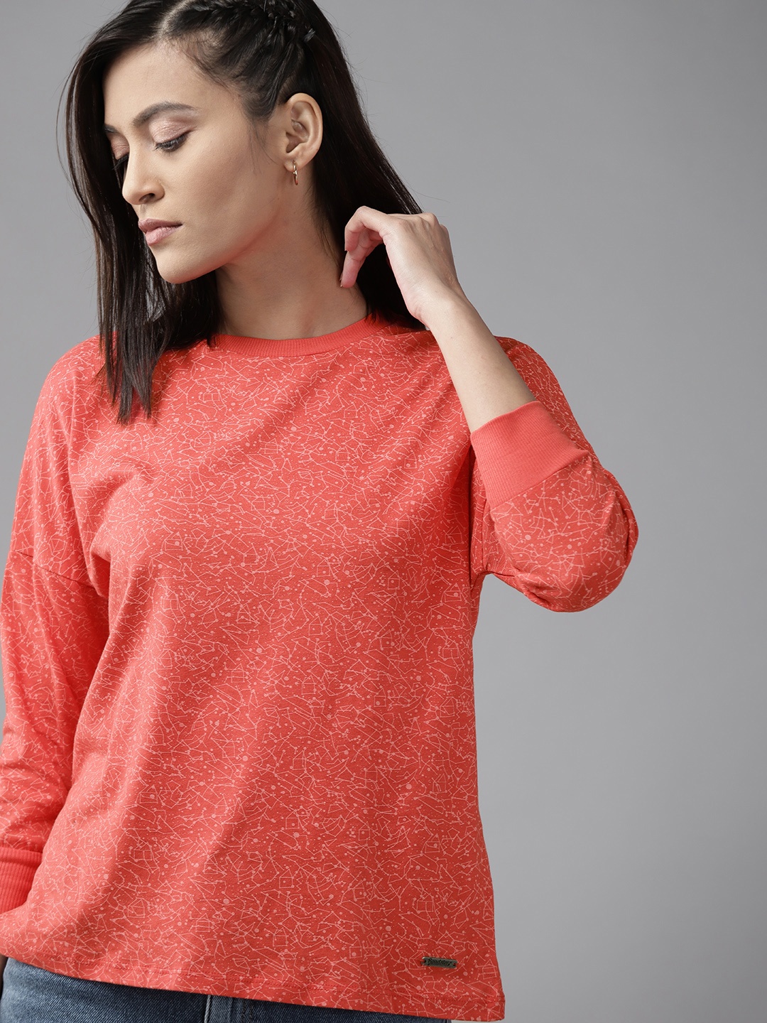 

The Roadster Lifestyle Co Women Coral Red Printed Pure Cotton T-shirt