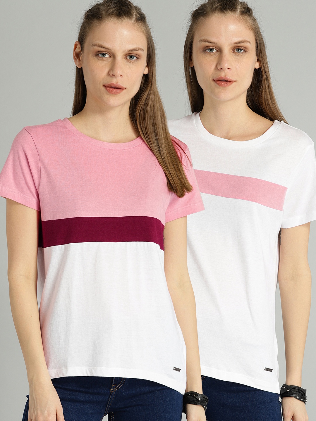 

Roadster Women Pack of Two Pink White Colourblocked Round Neck Pure Cotton T-shirts