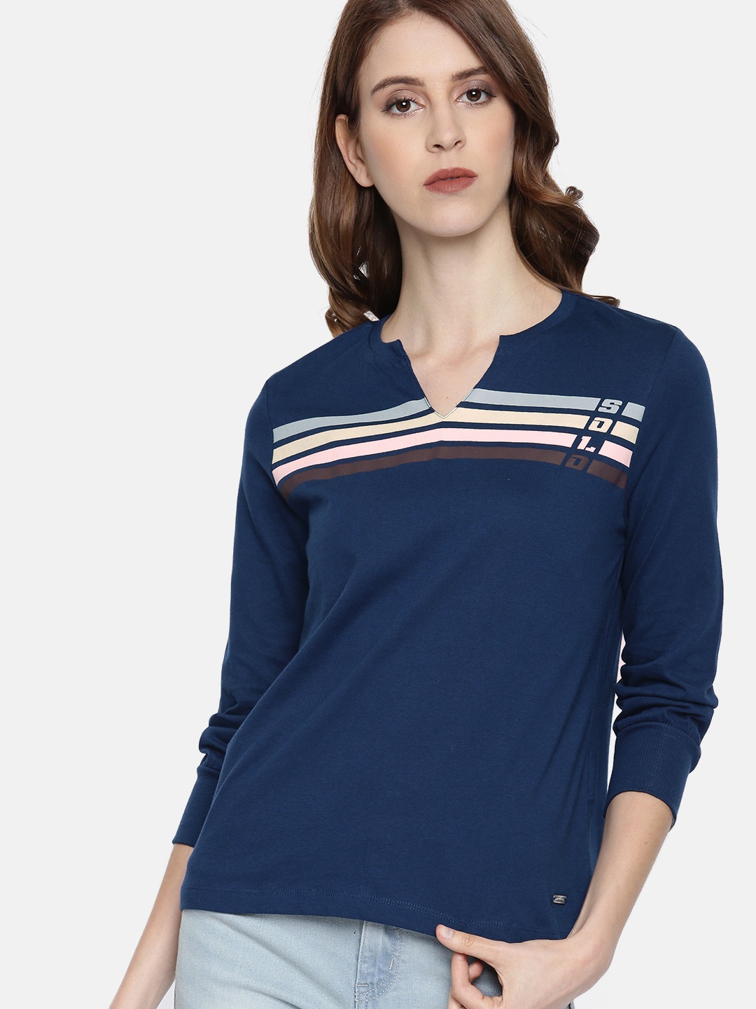 

The Roadster Lifestyle Co Women Navy Blue Striped Mandarin Collar Pure Cotton T-shirt