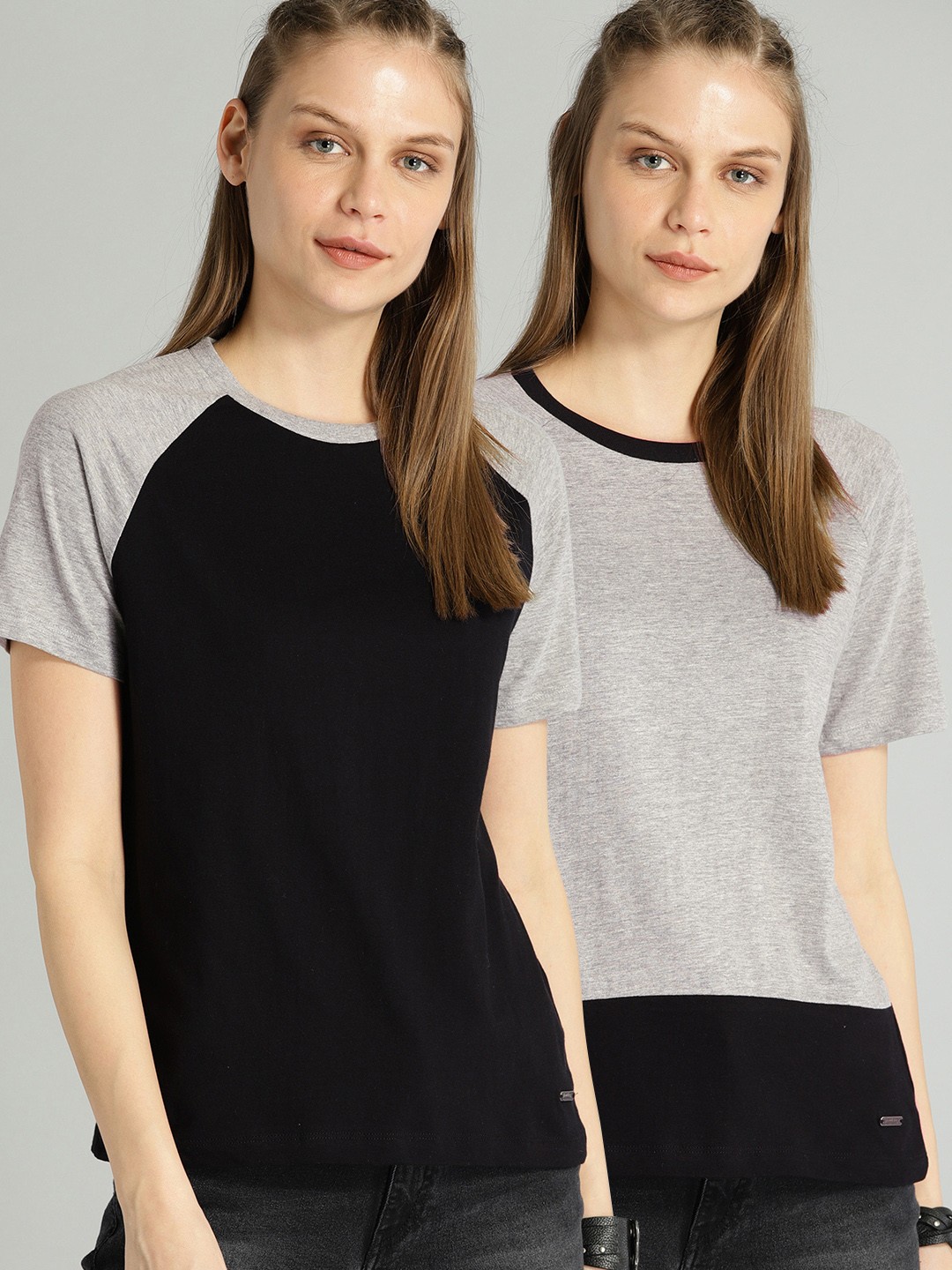 

The Roadster Lifestyle Co Women Pack of Two Black Grey Melange Colourblocked Round Neck Pure Cotton T-shirts