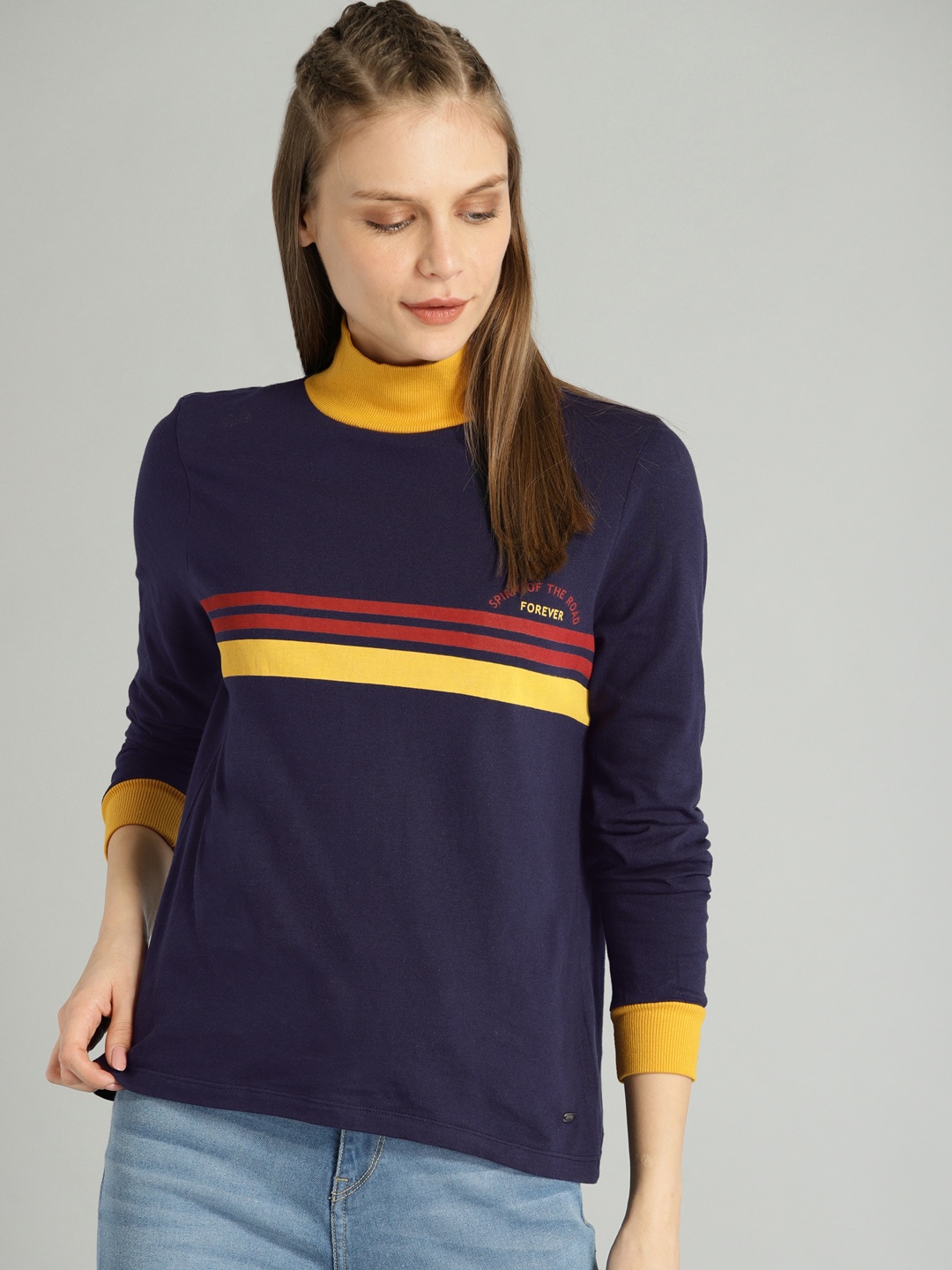 

The Roadster Lifestyle Co Women Navy Blue Yellow Striped High Neck Pure Cotton T-shirt