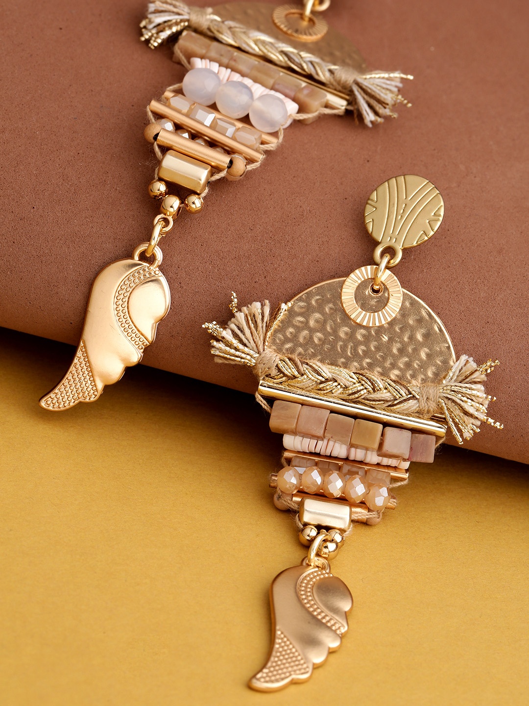

Jewels Galaxy Beige Gold-Plated Beaded Textured Geometric Drop Earrings
