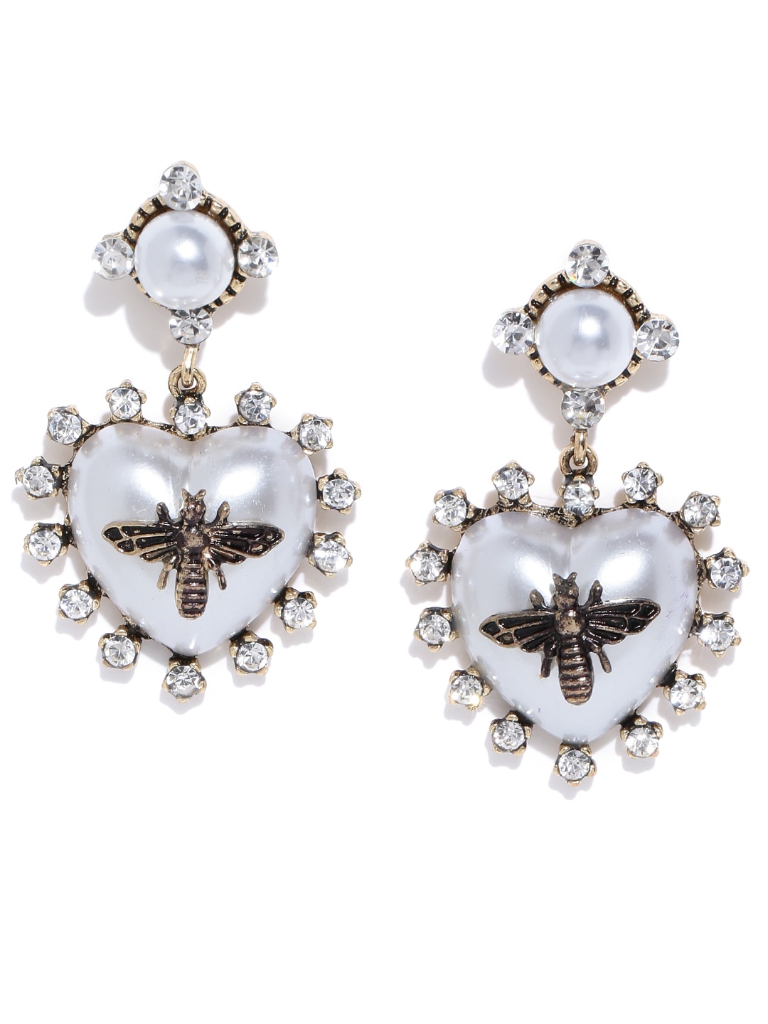 

Jewels Galaxy Silver-Toned Antique Gold-Plated Stone-Studded Heart Shaped Drop Earrings