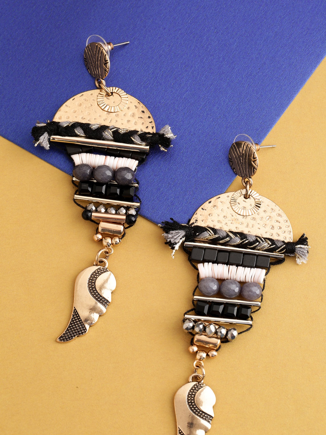

Jewels Galaxy Black Gold-Plated Beaded Textured Geometric Drop Earrings