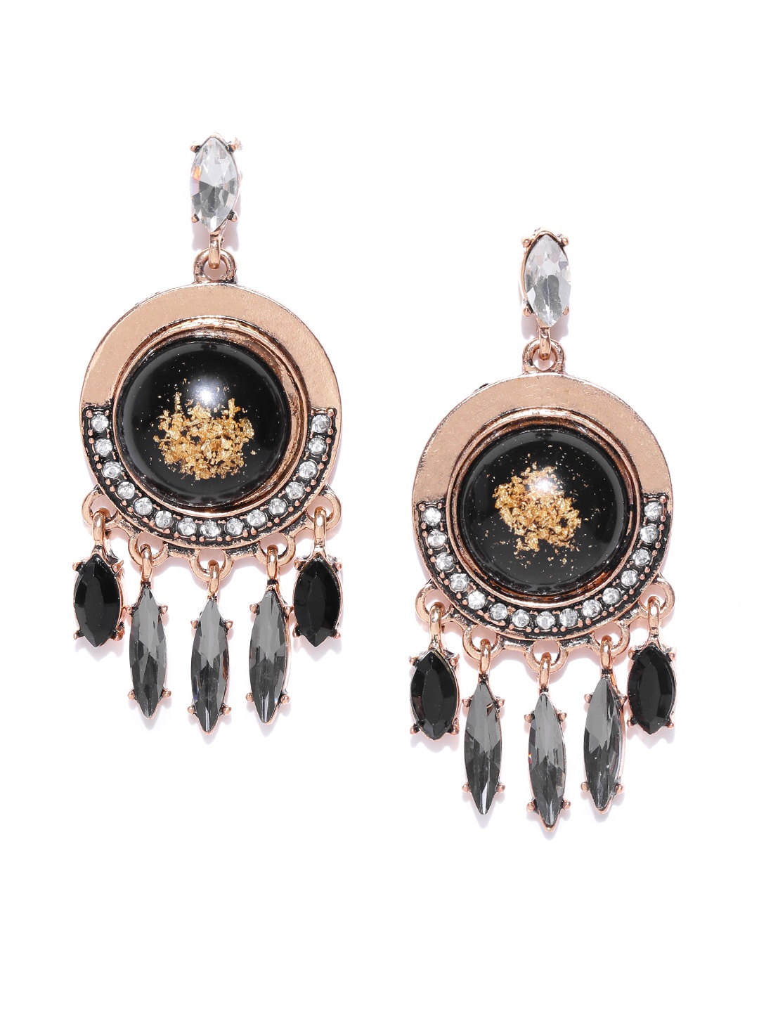 

Jewels Galaxy Black Gold-Plated Stone-Studded Circular Drop Earrings