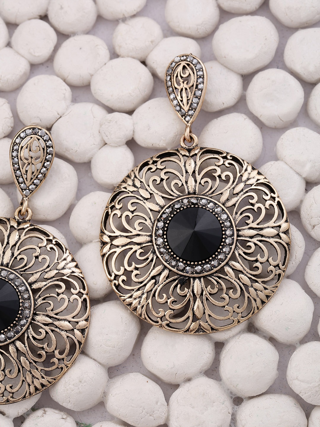 

Jewels Galaxy Black Gold-Plated Stone-Studded Circular Drop Earrings