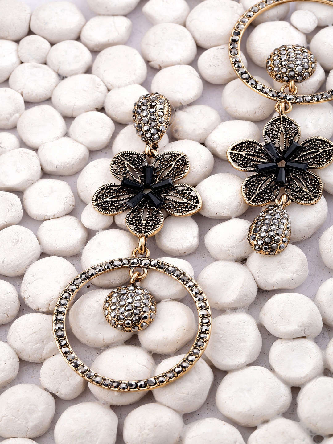 

Jewels Galaxy Gunmetal-Toned & Black Gold-Plated Stone-Studded Floral Drop Earrings, Metallic