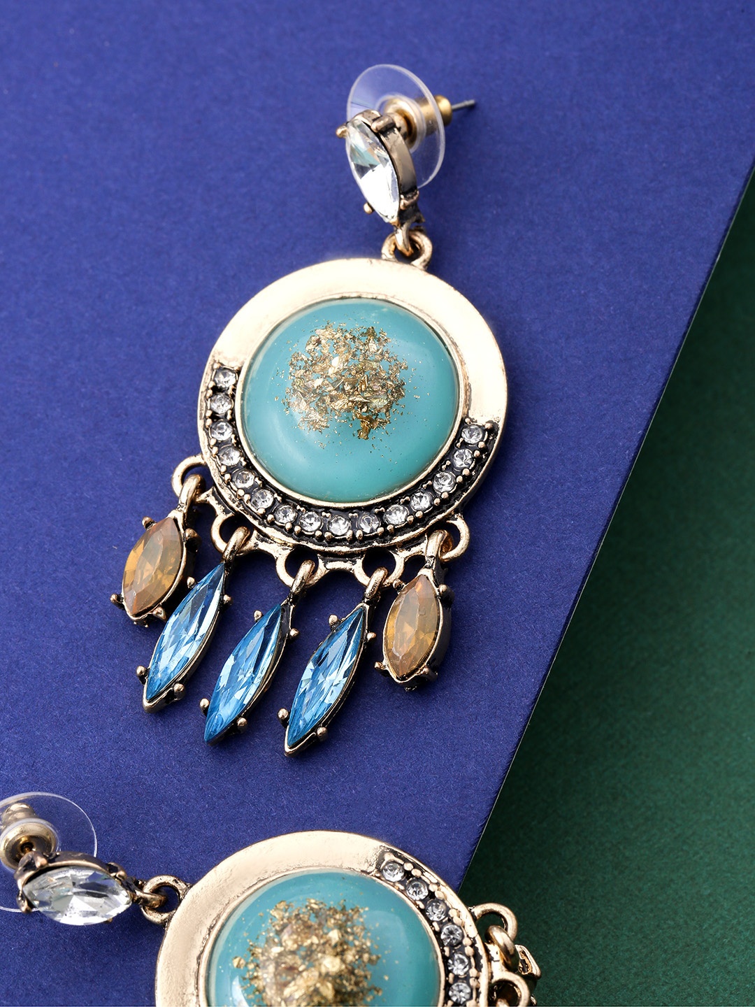 

Jewels Galaxy Sea Green Gold-Plated Stone-Studded Circular Drop Earrings