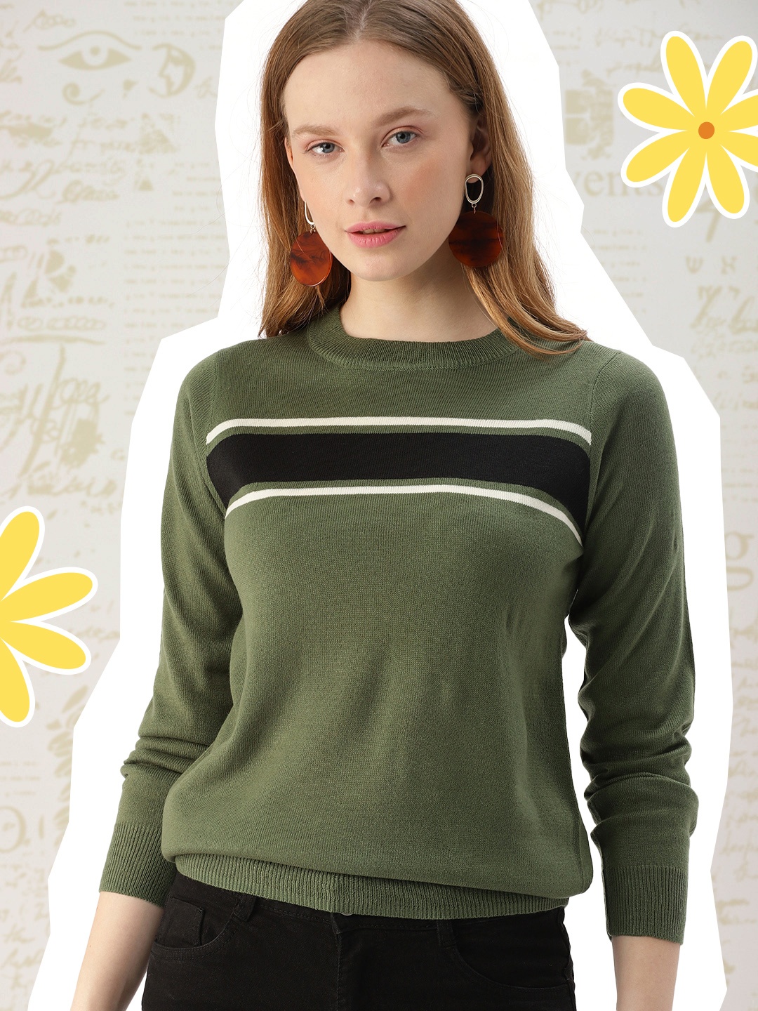 

DressBerry Women Olive Green & Black Colourblocked Sweater