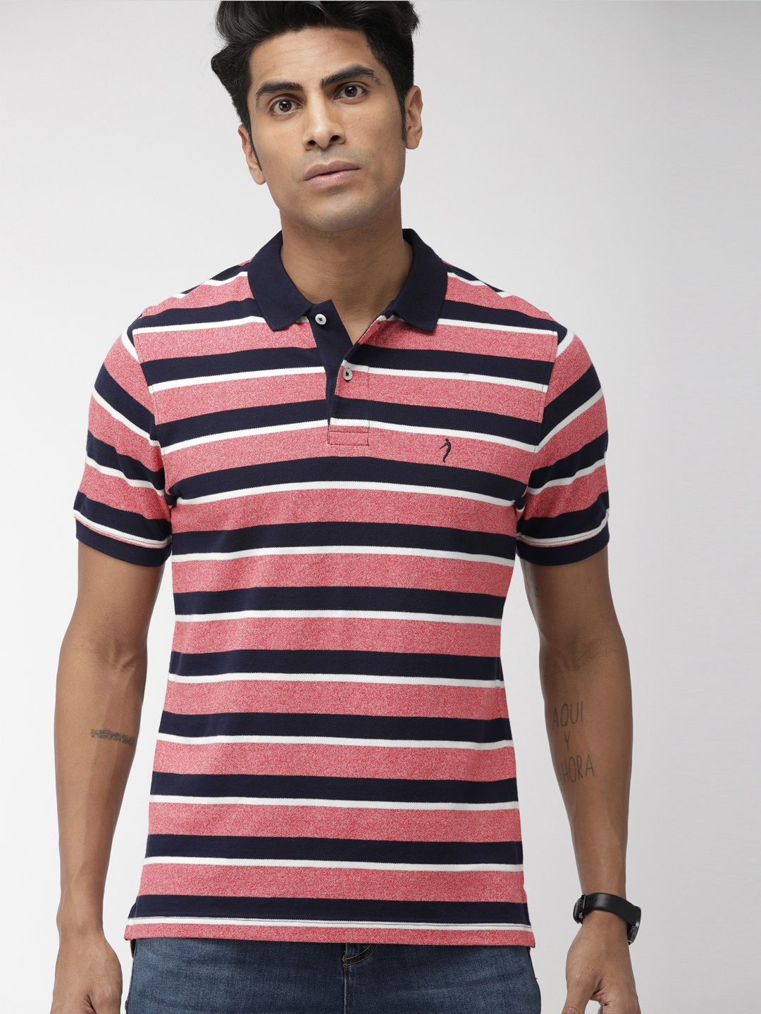 

Indian Terrain Men Red Navy Blue Striped Polo Collar Pure Cotton T-shirt