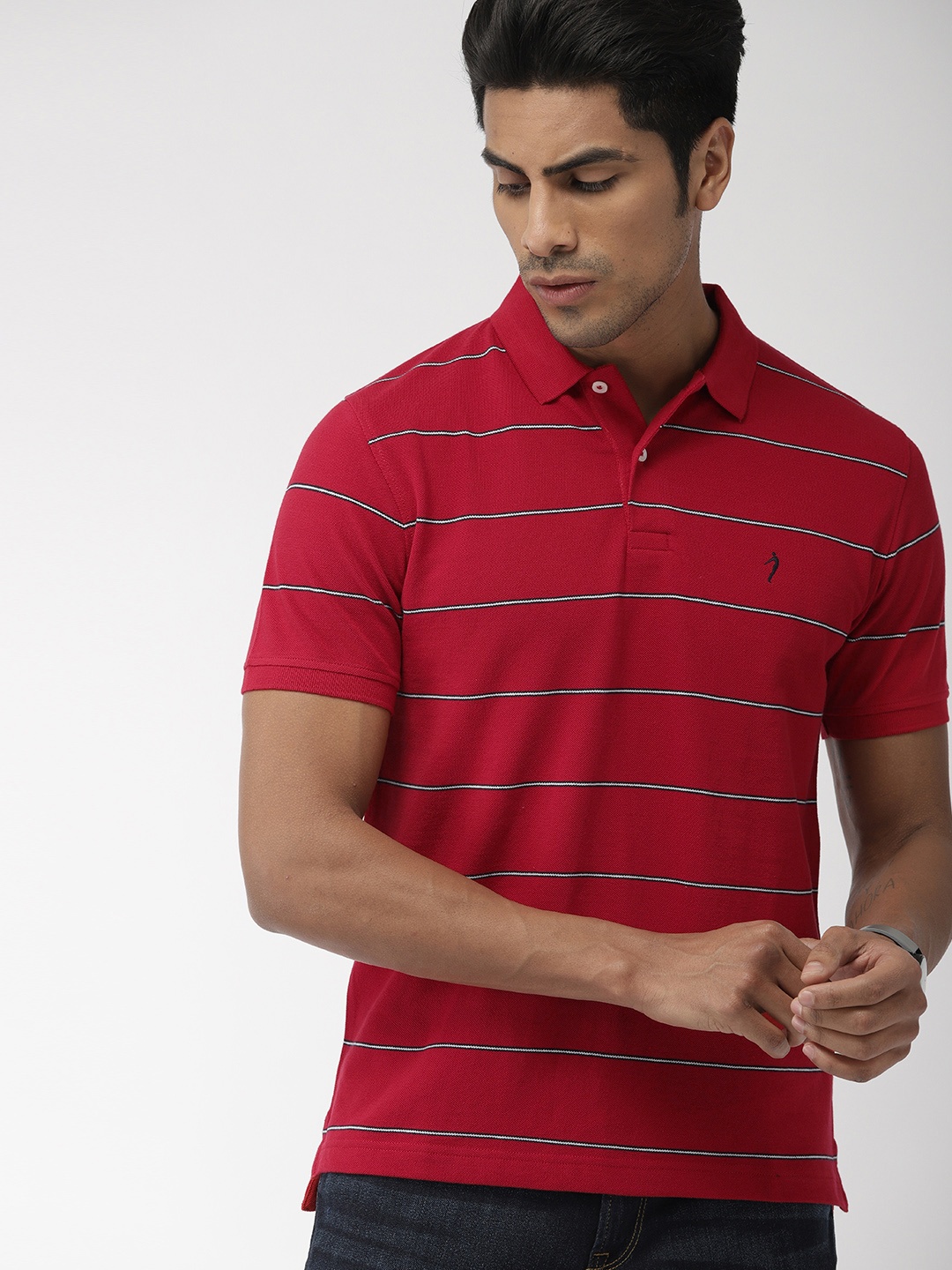 

Indian Terrain Men Red White Striped Polo Collar Pure Cotton T-shirt