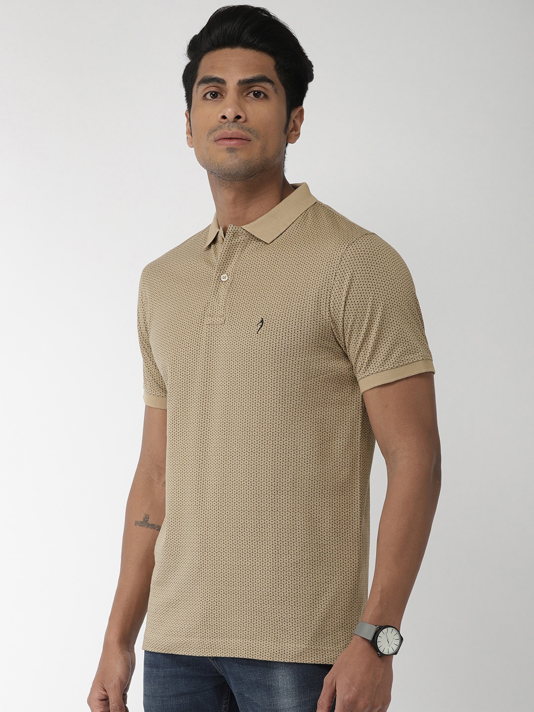 

Indian Terrain Men Beige Teal Green Printed Polo Pure Cotton T-shirt