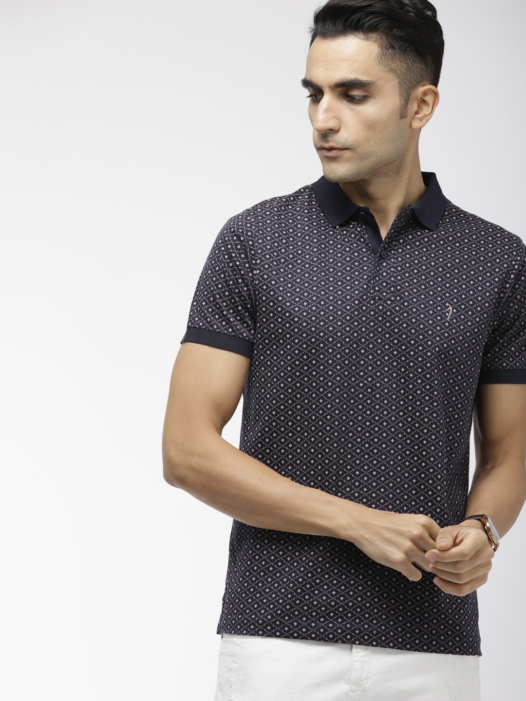 

Indian Terrain Men Navy Blue Beige Printed Polo Collar Pure Cotton T-shirt
