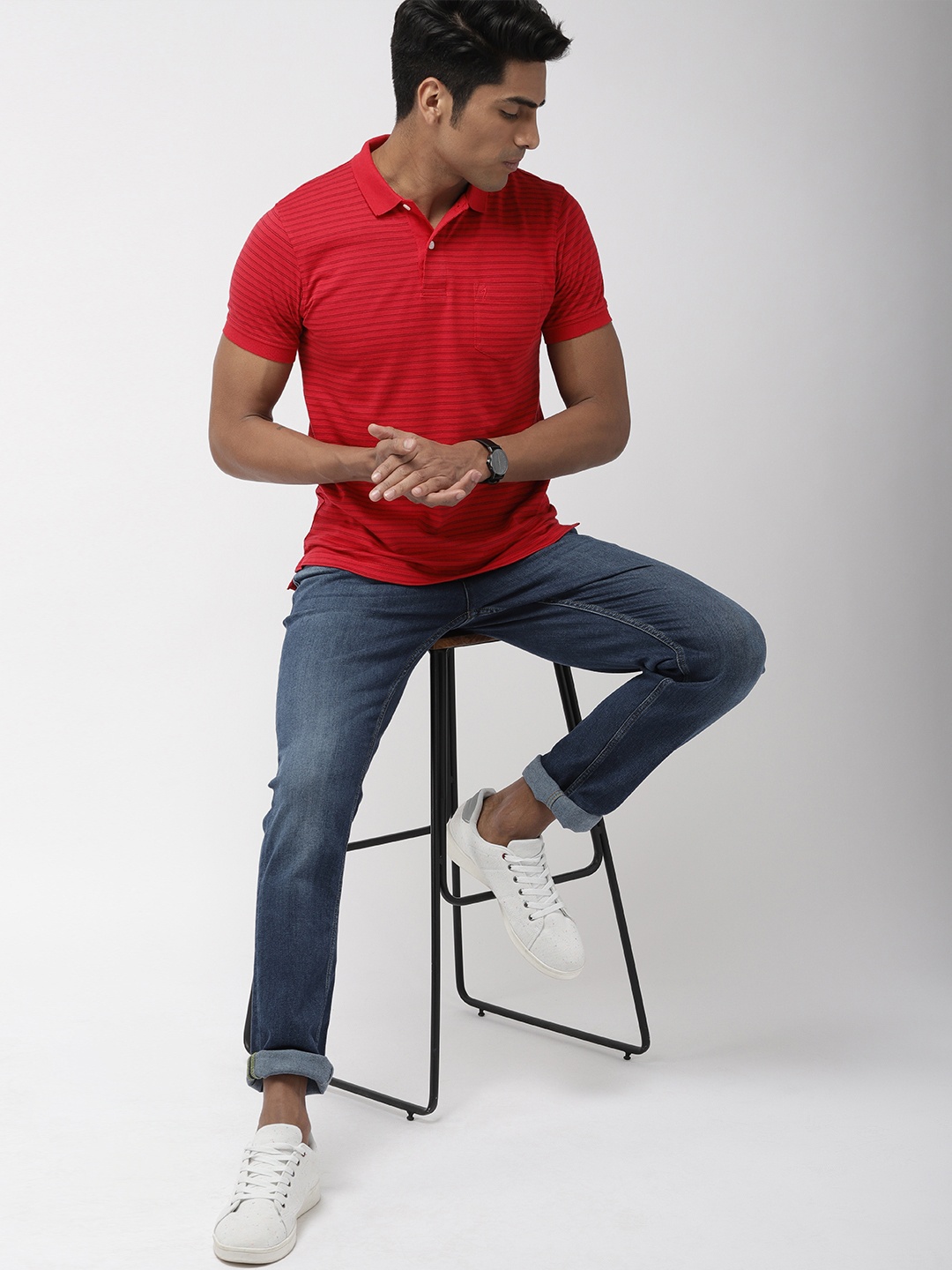 

Indian Terrain Men Red Striped Polo Collar T-shirt