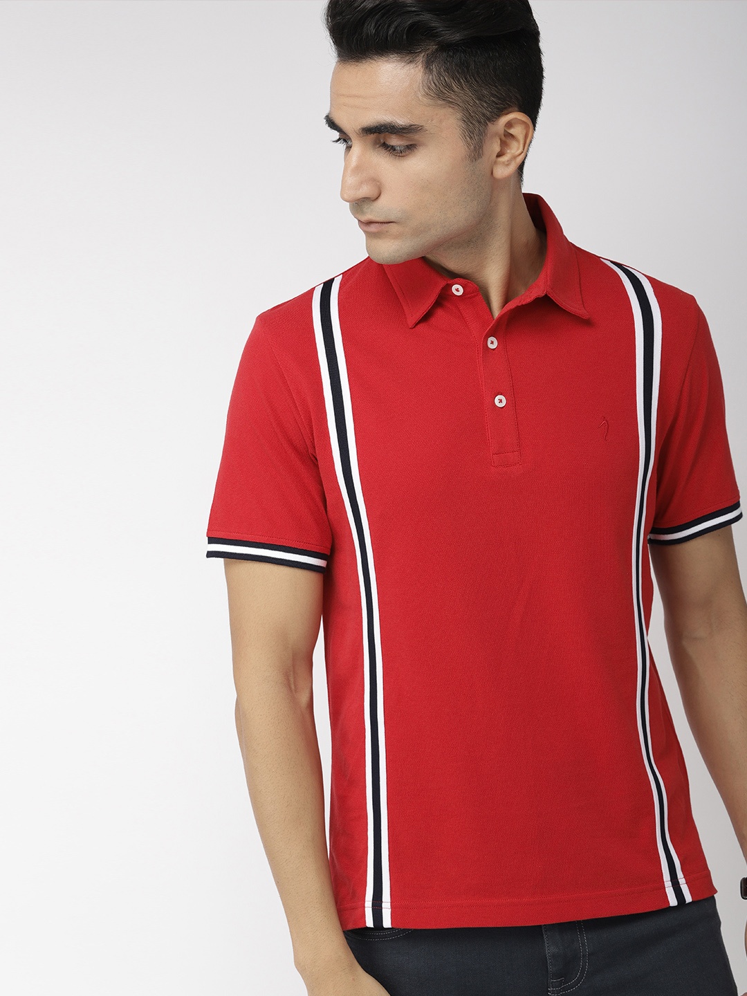 

Indian Terrain Men Red Striped Polo Collar Pure Cotton T-shirt