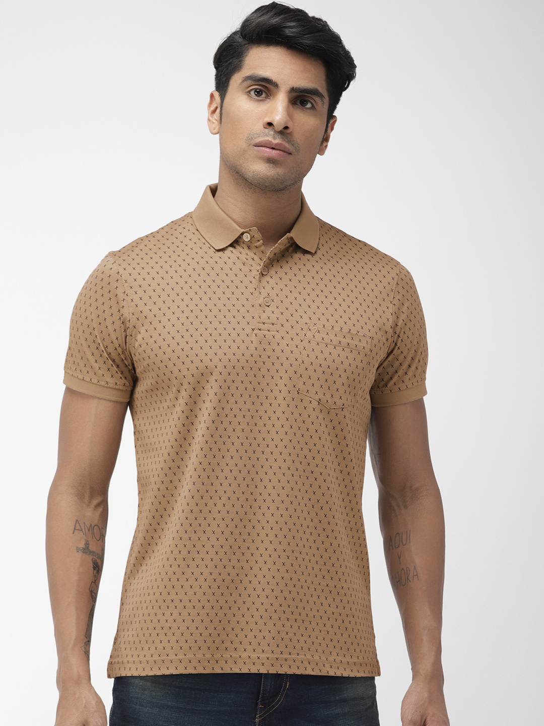 

Indian Terrain Men Khaki Printed Polo Collar Pure Cotton T-shirt
